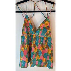 Zara Small Floral Print Multicolor Strappy Babydoll Top Crisscross Back